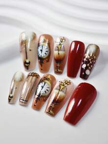 24 件复古棕红色长棺材钉，带有精致的时钟和葡萄酒图案，舒适易用，持久光泽，适合派对、庆典和日常佩戴，包括果冻胶和指甲锉按压指甲美甲用品 - 彩色 - 查看 4