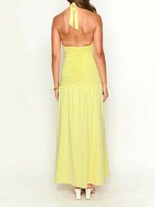 Women's Summer Solid Deep V-Neck Pleated Sexy Elegant Dress - Yellow - View 8