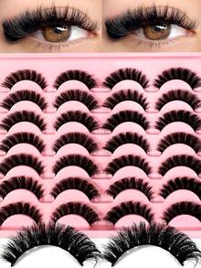 LYBCG New 14 Pairs Natural D Curling False Eyelashes Fluffy Soft Dramatic 3D Mink Lashes Long Wispy Eyelash Multi-Layered Eyelashes Short Thick Fake Eyelash Extension Bulk Faux Cils Halloween Cosplay Manga Makeup Products Maquiagem - 黑色 - 查看 1