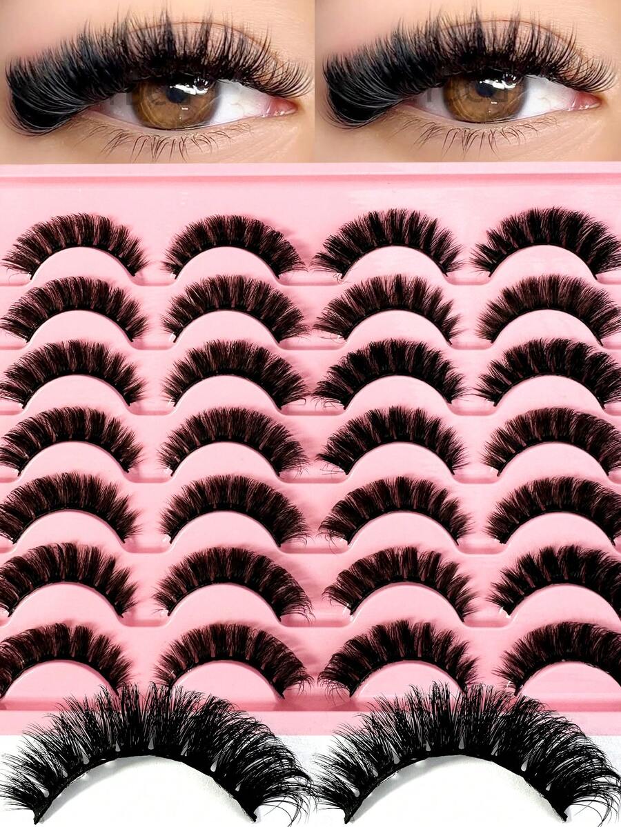 LYBCG New 14 Pairs Natural D Curling False Eyelashes Fluffy Soft Dramatic 3D Mink Lashes Long Wispy Eyelash Multi-Layered Eyelashes Short Thick Fake Eyelash Extension Bulk Faux Cils Halloween Cosplay Manga Makeup Products Maquiagem - 黑色 - 查看 1