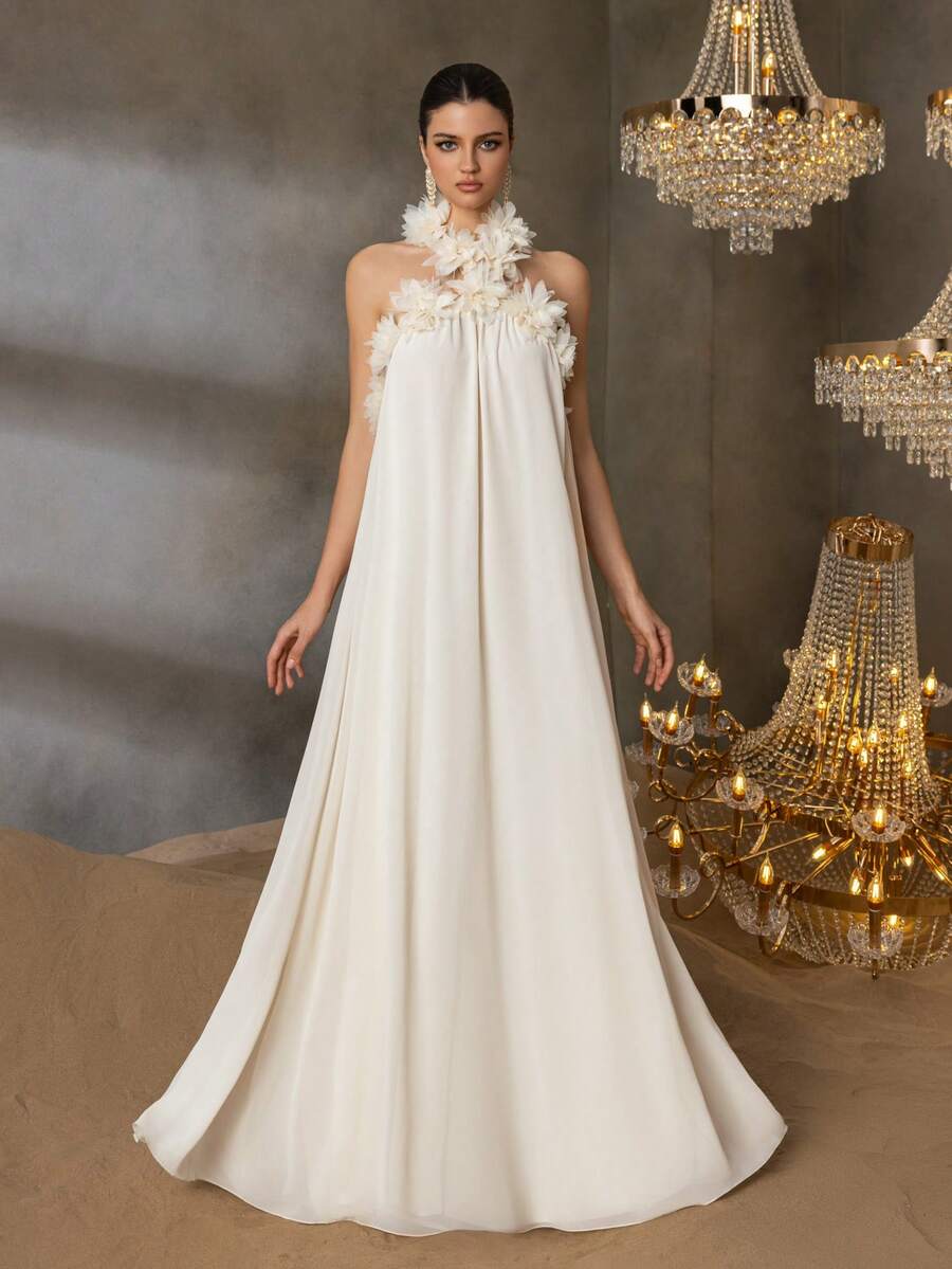 Faeriesty 优雅雪纺礼服，饰以3D立体花朵——挂脖式设计，腰部系带可调节，及地长裙，适合婚礼宴会、盛大晚宴、文化庆典及春季派对等场合。 - 米色 - 查看 1
