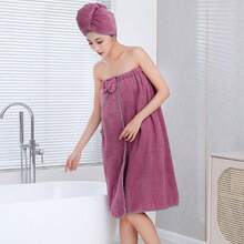 Cască de duș din două piese, fără bretele, prosop de baie în culoare solidă, decorațiune cu fundă, halat de baie reglabil, potrivit pentru femei, saună, plajă, piscină, sală de sport, rochie de duș pentru călătorii, rochie de duș