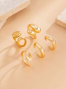 5pcs/Set Vintage Simple Minimalist Thick Chunky Round Design Open Ring Set, Asymmetrical Fashionable Unique Finger Rings, Suitable For Women Daily Commute, Holiday Gifts, Party Decoration Charming Jewelry Set