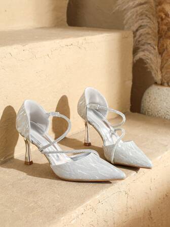 Women's Pointed Toe High Heel Rhinestone Strap Hollow Out Pumps, Elegant Sandals Suitable For Spring/Summer Everyday Wear