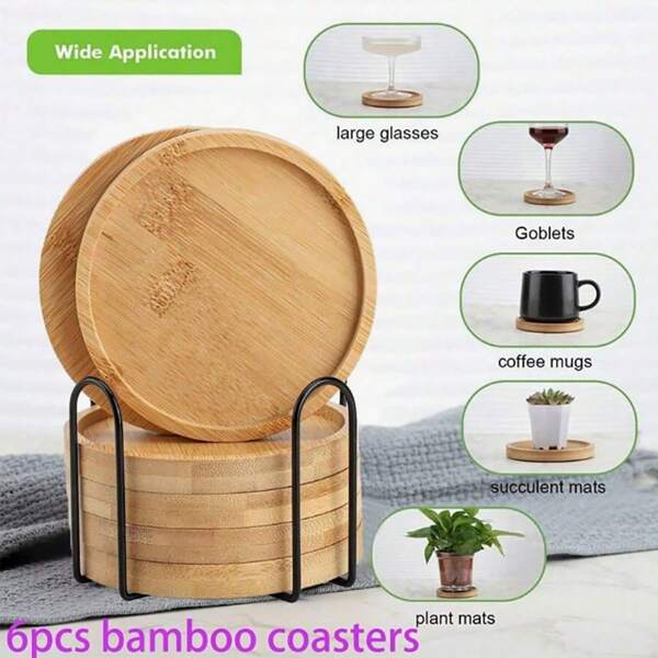 Set de 6 posavasos de bambú, tapas de formas variadas - redondas, cuadradas, en forma de corazón, hexagonales - adecuados para tazas de café, macetas, copas de vino, bandejas de bebidas, bandejas hechas a mano creativas, decoración de hogar y oficina (Nota: Este producto está hecho de bambú, por lo que el patrón y la textura de la superficie pueden diferir ligeramente de la imagen)