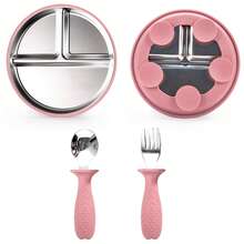 Plato de acero inoxidable para bebé con tenedor y cuchara, plato para bebé con ventosa, plato para niños con ventosa, plato para niños con divisores, irrompible, apto para lavavajillas - Multicolor - Ver 10