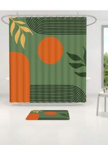 1pc/4pcs Bohemian Medieval Leaf & Sun Design Bathroom Waterproof Shower Curtain Set 12 Hooks, Bathroom Anti-Slip Mat, U-Shape Mat & Round Toilet Seat Cover, Full Bathroom Set For Multi-Scenarios Back To School