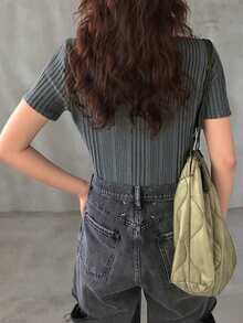 (随机条纹) 夏季针织纯色圆领短袖抽绳休闲女T恤 - 灰色 - 查看 3