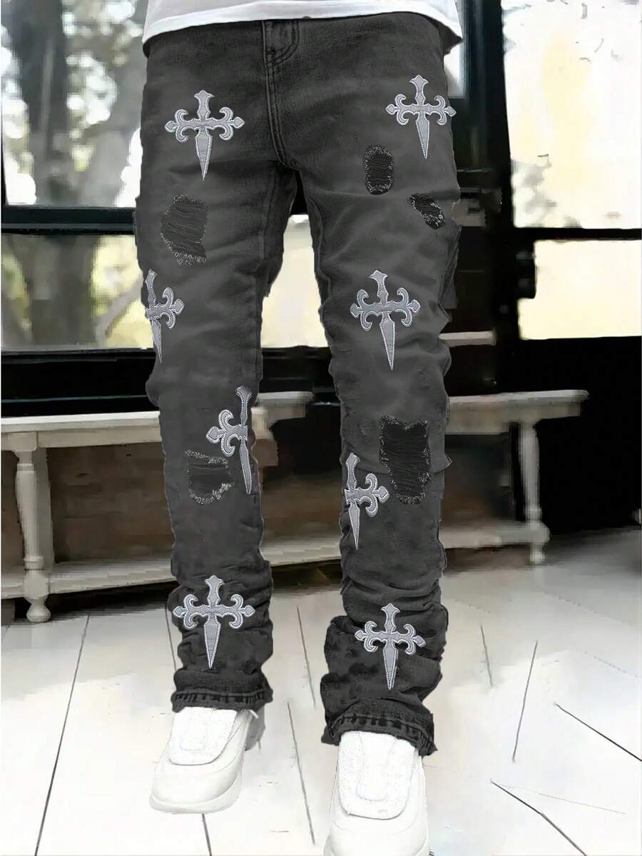Jeans casuales de estilo urbano para hombres, jeans de mezclilla bordados, estilo emo - Negro - Ver 1
