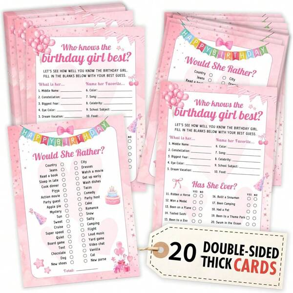 Who Knows The Birthday She Best Game - 20 Piece Birthday Party Games, Would She Rather Preppy Sleepover Party Supplies, Fun Birthday Activities For Party Decorations