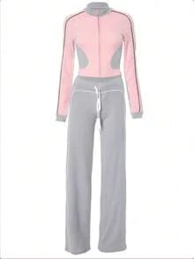 Bộ đồ thể thao thời trang nữ 2 món, áo khoác có mũ kéo khóa kết hợp với quần thể thao ống rộng, có dây rút và túi. - Hồng - Xem 6