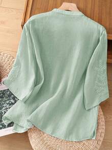 Women's Solid Color Embroidered Loose Casual Linen Top, Spring/Summer - Mint Green - View 3