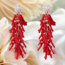 1 Pair Fashionable Red Coral Tassel Resin Earrings, Suitable For Women To Wear To Festivals, Parties, And Dates