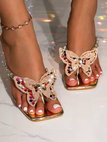 Sandalias de tacón alto doradas con punta cuadrada, slip-on con tacón de gatito y tachuelas de colores con mariposas, sandalias de moda sexy - Dorado - Ver 6