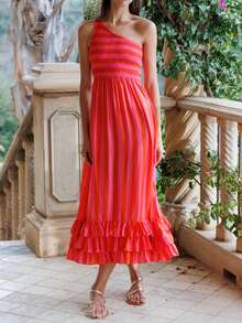 Off The Shoulder Elastic Waist Ruffle Dress, Elegant Cocktail Party Wedding Guest Gown, Spring/Summer New Arrival - Pink - View 2