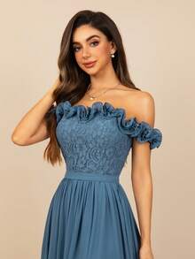 女士夸张荷叶边蕾丝撞色单肩雪纺露背正式伴娘奢华晚会礼服夏秋冬婚礼活动度假节万圣节圣诞新年长款舞会礼服生日女装 - 霧霾藍 - 查看 5