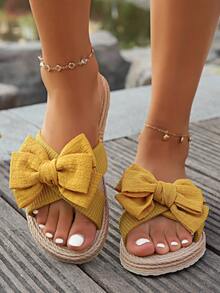 2024年最新款蝴蝶结女式拖鞋休闲夏季凉鞋，女式轻便沙滩鞋 - 黃色 - 查看 6