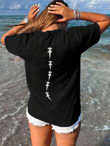 Summer Tops, Women's Casual Fashion Hammerhead Shark Graphic T Shirt, Casual Crew Neck Tops, Women's Graphic T Shirts, Vacation Wear, Women's Summer Wear, Summer Wear, Women's Summer Clothing, Women's Summer Wear, Save The Ocean Marine Biologist Gift Respect Locals Shark T-Shirt, - Black - View 5