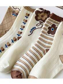 5 Pares (Cores/Padrões Aleatórios) Meias de Bezerro para Mulheres no Estilo Countryside com Desenho de Gato, Coelho Azul e Flor, Fofas e Confortáveis, Novos Estilos