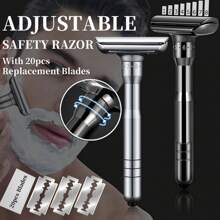 Adjustable Double Edge Safety Razor And 20 Blades Refills, Long Handle Adjustable Classic Safety Shaver Razor, Men's Travel Double Edge Safety Razor For Ideal Gift For Father Day & Boyfriend