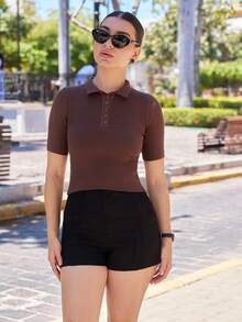 Andrea Bello Women's Short Sleeve Polo Neck Half-Zip Knitted Sweater Summer - Coffee Brown - View 3