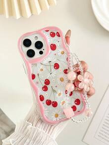 Cream Textured Wavy Edge Glossy Floral Cherry Painted Shockproof Phone Case With Handmade Beaded Bracelet Accessory, Compatible With IPhone 16/11/16pro/16plus/16promax/16e/15Promax/13/14/12/XS/XR/7G/8P, Compatible With Galaxy S25/S25PLUS/S25 Ultra/A16/A36/A26/A56/A50/A12 - Multicolor - View 2