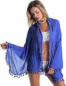 Eicolorte Sarong Cover Up Womens Beach Cover Up Bikini Bathing Suit Swimsuit Swimwear Coverup Sarong Pareo Wraps Women - 皇家藍(短款) - 查看 3