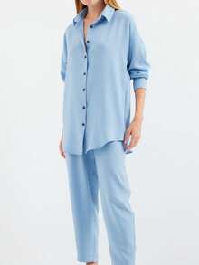 Solid Color Elegant Zipper Pocket Button Up Office Blouse - Blue - View 3