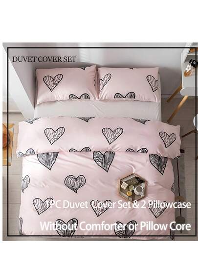 2/3pcs Pink Heart-Shaped Print Duvet Cover Set (1pc Pillowcase, 1pc Duvet Cover, Without Filler), Lovely Heart-Shaped Bedding Set Made Of Ultra-Soft And Breathable Fabric, Suitable For All Seasons, Perfect For Creating A Cozy And Inviting Bedroom, Guest Room, Hotel, Or Dormitory