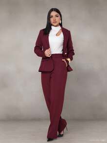WUUW Women Office Formal Suit Set, Elegant Business Formal Set, 2 Piece Set, Plain/Button/Pocket/Zipper/Office - 酒紅色 - 查看 3