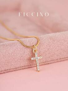 1pc Fashionable Cubic Zirconia Cross Stainless Steel Pendant Necklace, Suitable For Daily Wear, Party And Casual