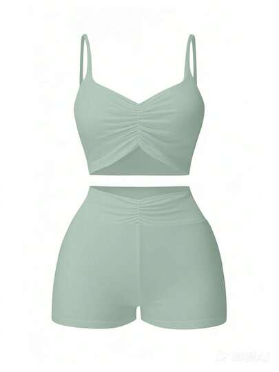 AiTyi 女式两件套，休闲时尚性感舒适栗色运动时尚，适合毕业、返校、百搭吊带背心和短裤针织套装