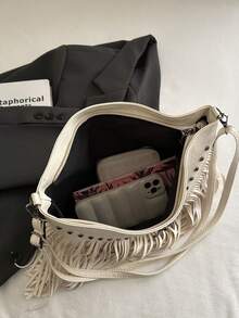 Borsa a tracolla in pelle vintage di moda, stile boho, borsa a spalla con nappa e rivetti a forma quadrata, borsa a tracolla casual per viaggi e tutti i giorni, valigetta portatile da lavoro, borsa a tracolla piccola con frange