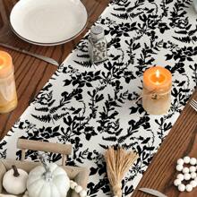 Pumpkin Vine & Dark Floral Autumn Table Runner, Seasonal Fall Kitchen Dining Table Decor For Home Party