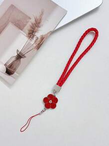 1pc Handmade Braided Zinc Alloy Clover And Camellia Flower Phone Lanyard