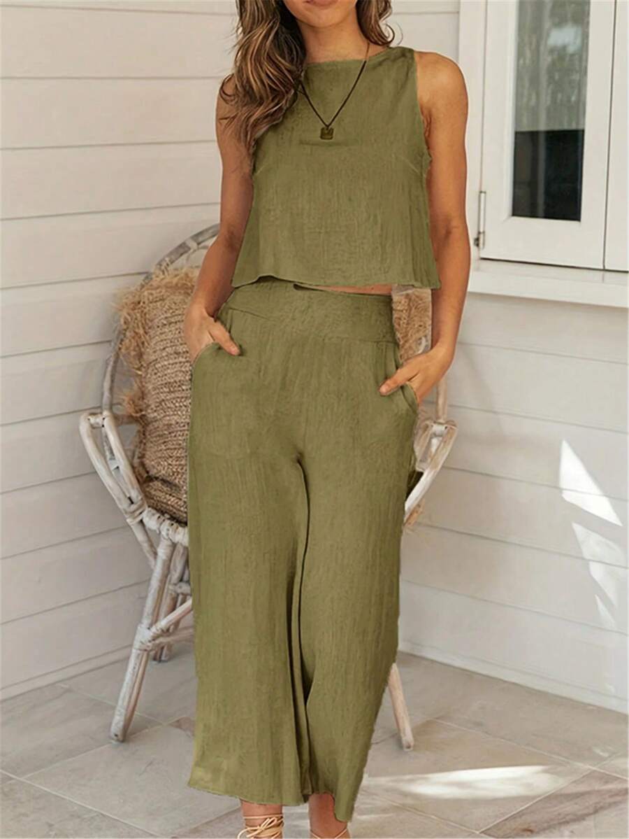 2pcs/Set Women Solid Color Simple Casual Camisole Top And Pants Set - Army Green - View 1