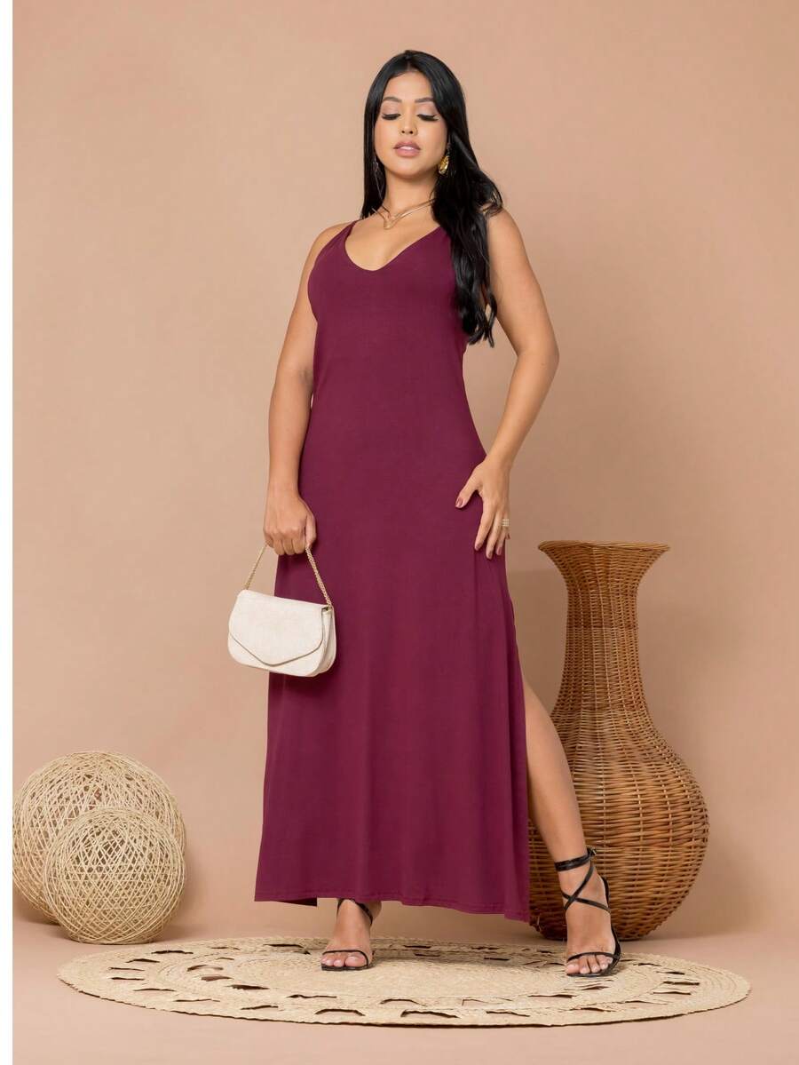 Long Dress All-Over Print Sexy Mesh Split Side Slit Dress Birthday Party Formal And Evening Casual - Màu Đỏ Sâu - Xem 1