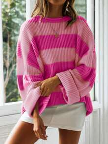 Suéter holgado de punto casual de mujer con bloques de color y rayas tipo murciélago - Rosa Fucsia - Ver 2