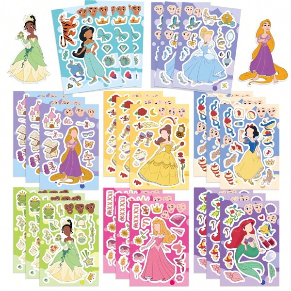 Disney 8pcs Disney Princess Cute Make A Face Puzzle Stickers Decorate Guitar Diary Helmet Phone Case Water Cup Creative Waterproof Toy Gift Decals