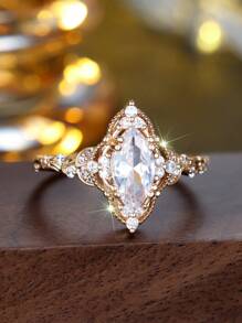 1 pieza Anillo ovalado con flor incrustada de circonita cúbica en estilo de Palacio francés elegante, adecuado para fiestas, ceremonias, vacaciones, aniversarios y cumpleaños
