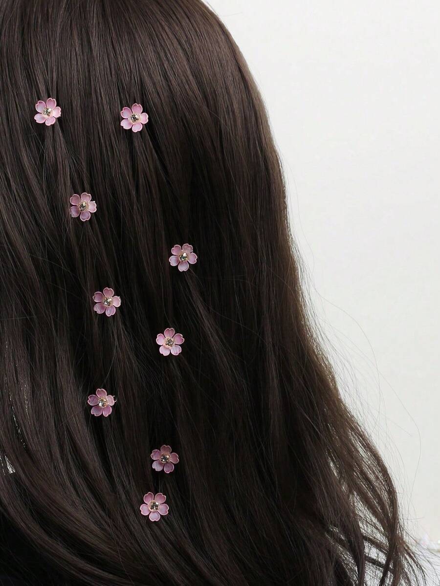 10 件粉色水晶花发夹，适合日常佩戴，爪夹，发夹，发夹