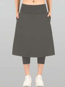 RUNONWHEELS 5 女士高腰及膝网球裙短裤，带口袋，夏季款 - 深灰色 - 查看 2