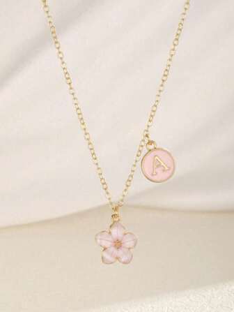 1pc Sweet Fashion Five-Leaf Flower & Initial Letter Double-Pendant Necklace For Women Girls Family Friends Festival New Year Jewelry Gift For Daily Decoration