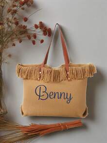 1pc Customized Embroidered Handbag, Summer New Arrival Fringe Woven Canvas Tote Bag, Large Capacity Portable Shoulder Bag, Fashion Versatile Satchel, Suitable For Students, Summer Outings, Commuting, Gift For Family, Friends, And Girlfriends, School Supplies, Back To School, School Gift, For Boys And Girls, For Teenagers, Junior High School Students, Middle School Students - Multicolor - View 6