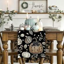 Pumpkin & Dark Floral Autumn Table Runner, Seasonal Fall Kitchen Dining Table Decor For Home Party