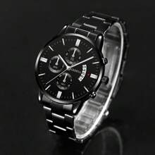 2pcs Men's Watch Stainless Steel Fashion Casual Three Eye Roman Scale Dial Date Quartz Watch With Jewelry Accessories Hip Hop Bracelet Set Party Gift Beach Vacation Valentine Gift