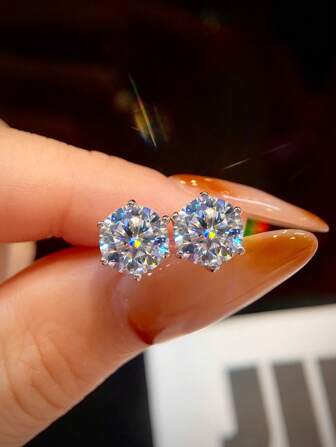 1 paar 0,1-2 karaat 6 klauwen ronde D-kleurige moissanite diamanten oorbellen voor bruiloften voor vrouwen, elegante S925 sterling zilveren oorbellen voor een jubileum of verloving, luxe sieraden en cadeaus