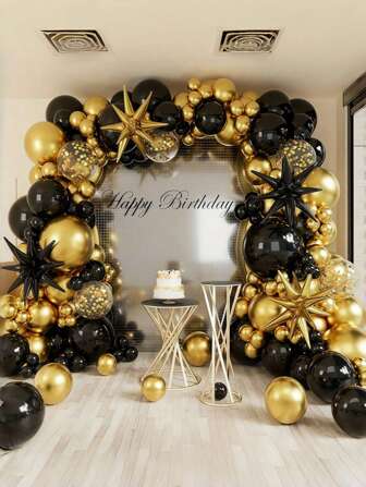 黑金气球拱门花环套件 - 黑金爆炸星铝箔气球五彩纸屑气球 149 件不同尺寸适用于圣诞节、婴儿洗礼、毕业典礼、生日派对装饰。
