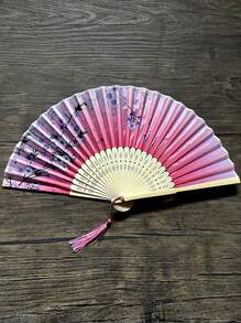Abanico de seda plegable con decoración de flecos, accesorio tradicional chino clásico portátil para el disfraz, 1 pieza de patrón aleatorio en color rosa, mejor para regalo