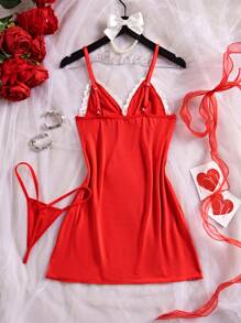 Camisón de mujer de talla grande con escote en V, encaje, diseño de bloque de color y abertura, incluye tanga. Lencería sexy para dama, vestido de camisón con tirantes